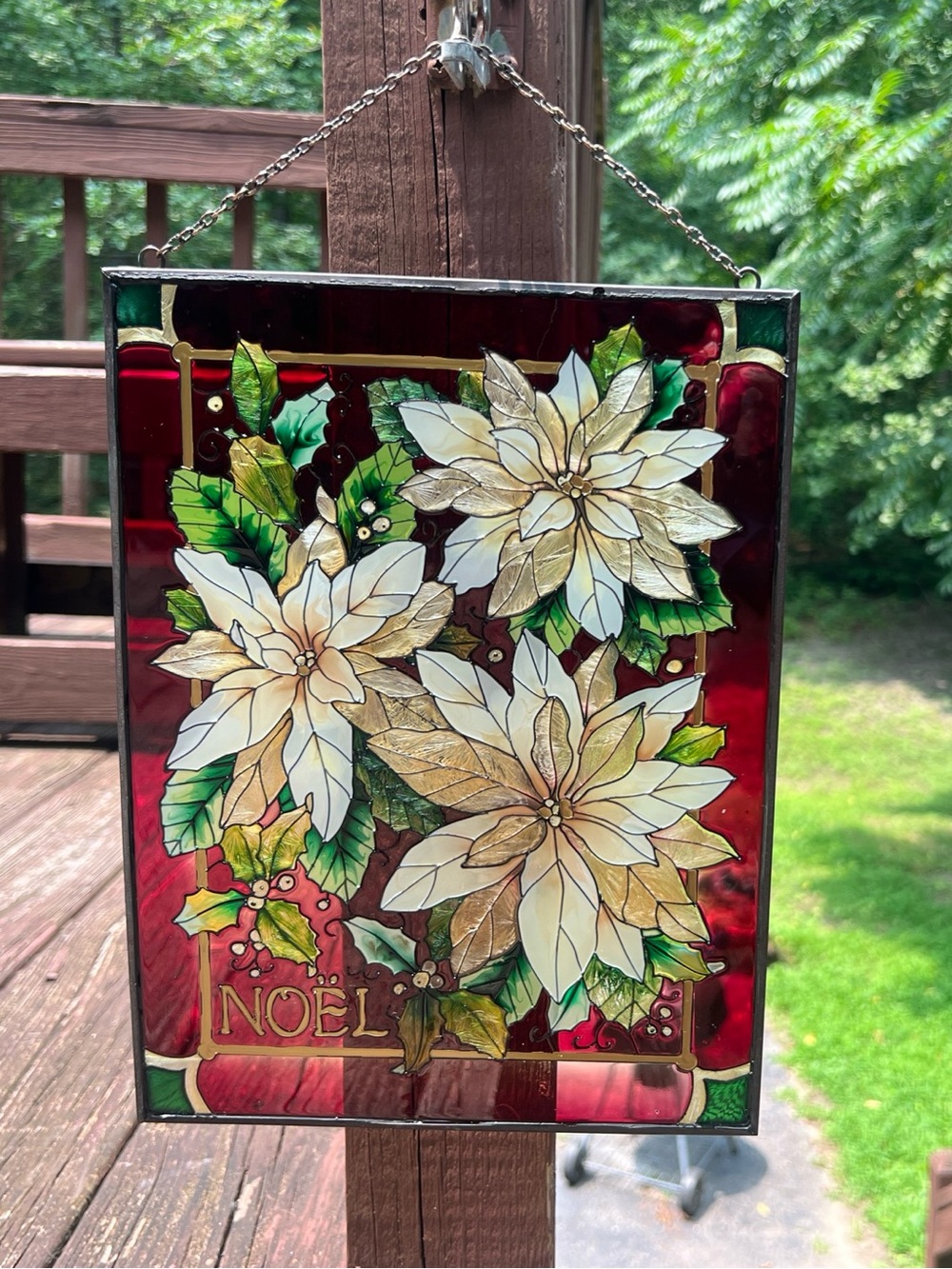 Art Deco Floral Noel Hanging Stained Glass, Festive Christmas Holiday,Distressed